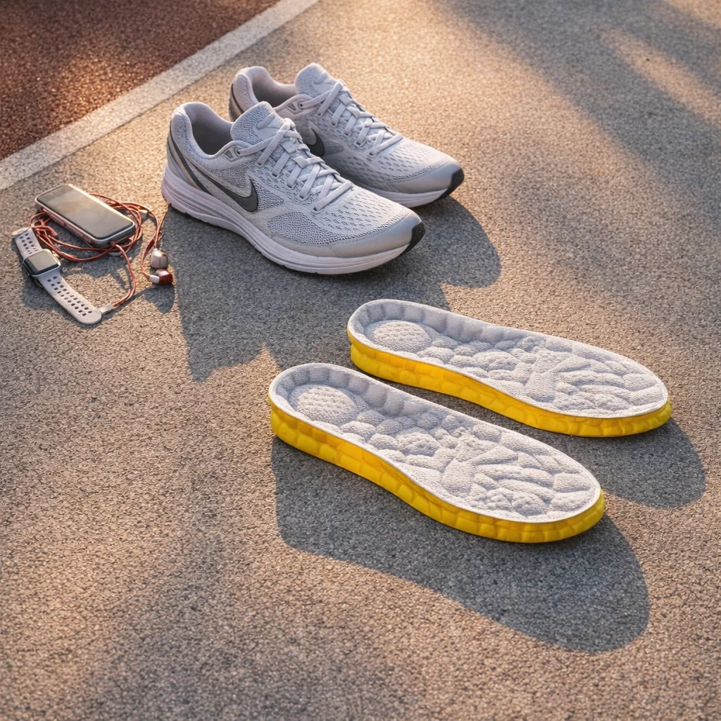 Cloud insoles for running placed next to athletic shoes on a running track